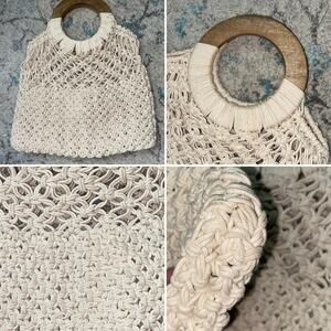 Pura Vida Ivory Macrame Handbag with Natural Brown Wooden Handles EUC